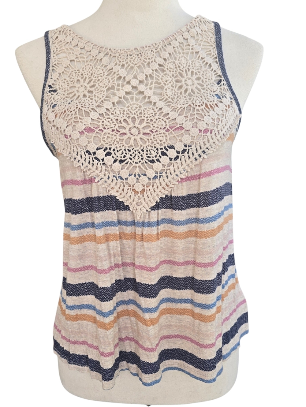 Maurices Sleeveless Crochet Yoke Striped Tank Top - Cream Multicolor Size S